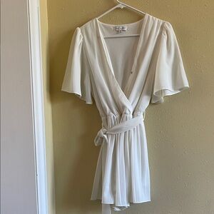 She + Sky Cream Wrap Mini Dress with Flutter Sleeves